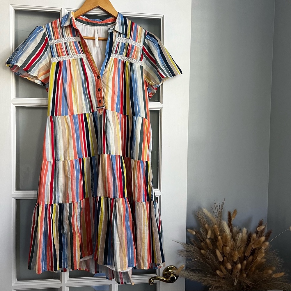 Anthropologie Georgina Tiered Shirtdress Rainbow Stripe - Picture 5 of 7